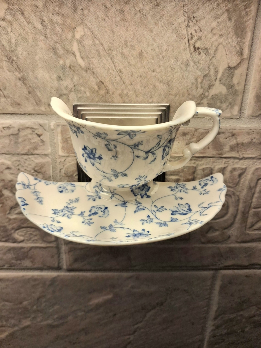Vintage "Rhapsody" Blue Floral Porcelain Half Teacup/Saucer Plug In Night Light